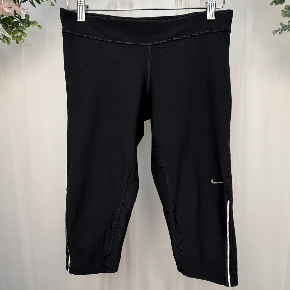 Nike Dri-FIT Womens Running Capris Black Cropped Leggings Zipper Pocket Size M